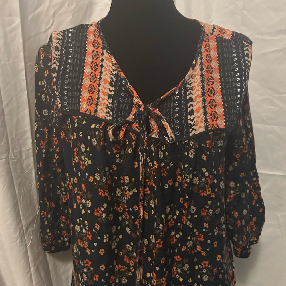 Japna Black Floral Tie-Front Blouse with Orange and Yellow Accents